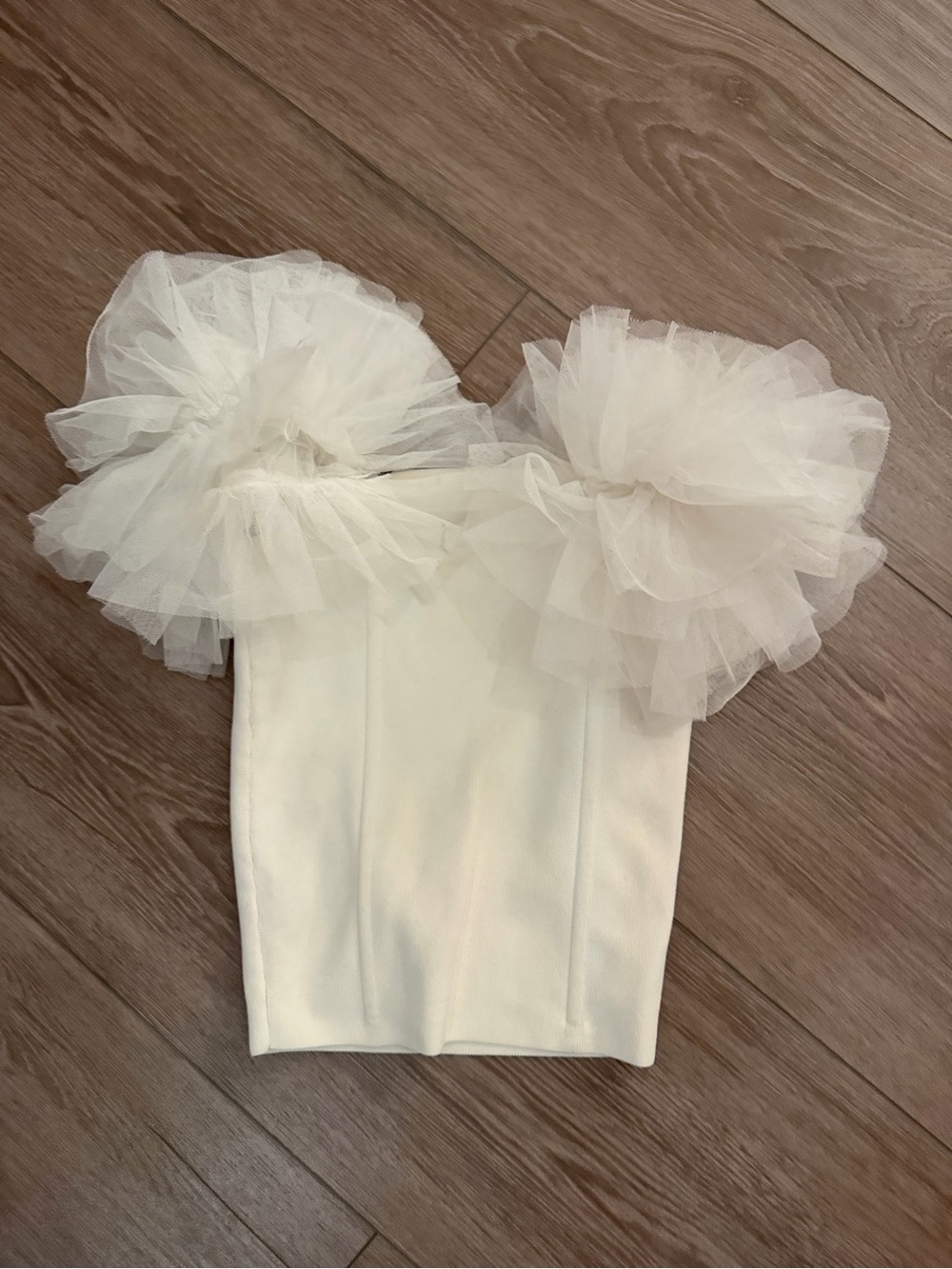 Astr Cream Tulle Puff Sleeve Tube Top